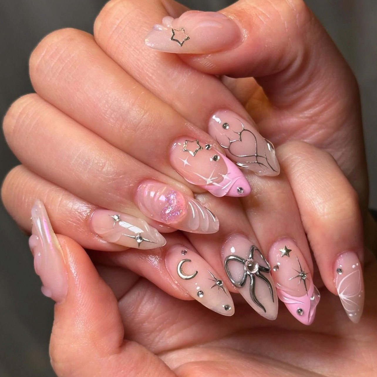 Nail Art Valentines Day - 24개입 리본 디자인 핑크 프렌치 발렌타인데이