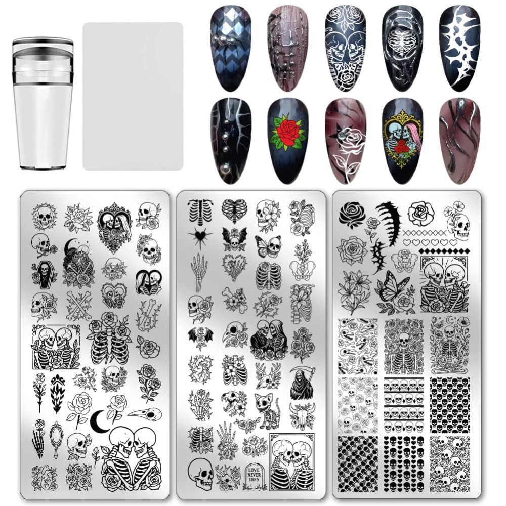 Nail Art Gothic - 3개의 해골 네일 스탬핑 플레이트, 뼈
