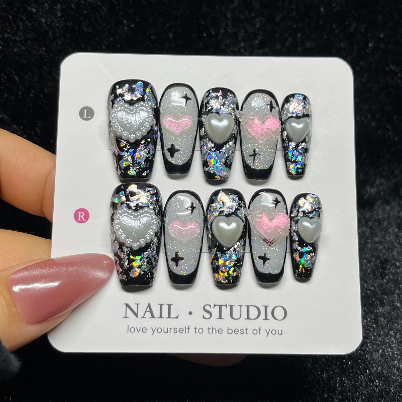 Nail Art Gothic - 10개입 고딕 블랙 프레스온 네일 3D