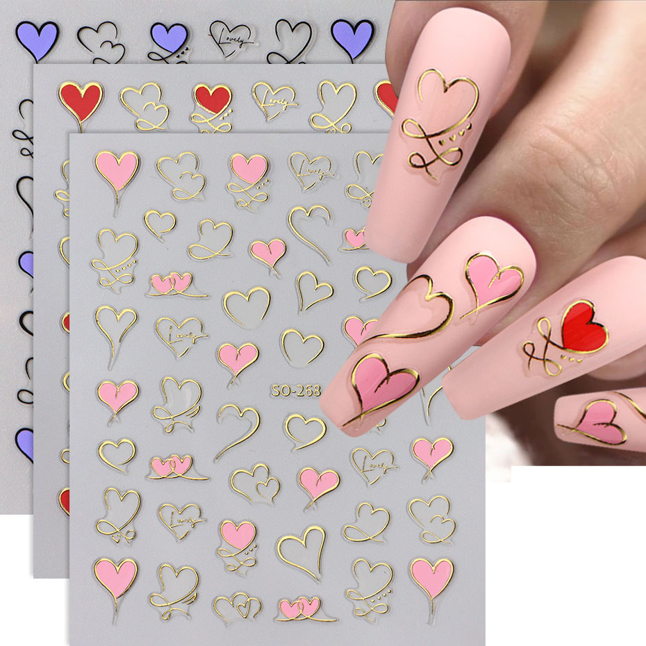 Nail Art Valentines Day - 3pcs Y2K 골드 웨이브 라인 하트