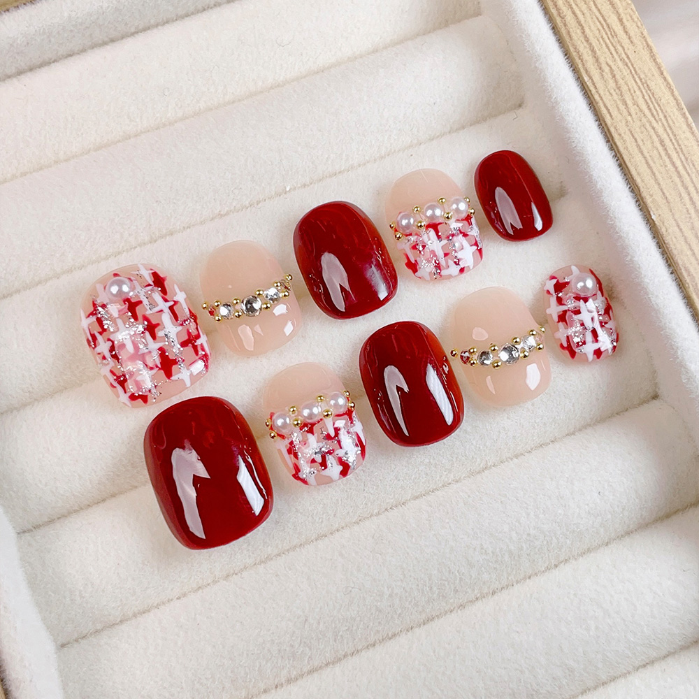 Nail Art Quirky - 10개입 짧은 사각형 라운드 핸드메이드 프레스온