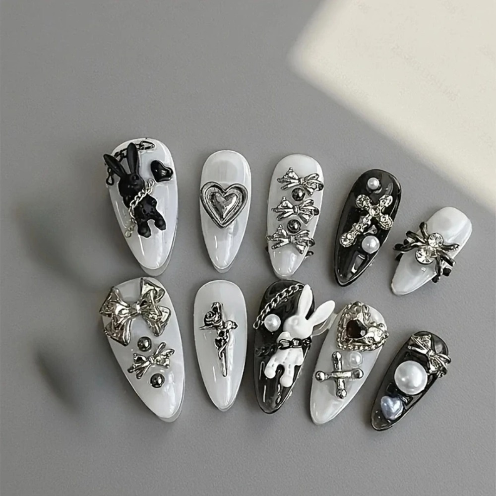 10개입 맞춤형 흑백 네일 아트, 토끼와 리본 장식 - - Nail Art Gothic 리뷰 및 가격