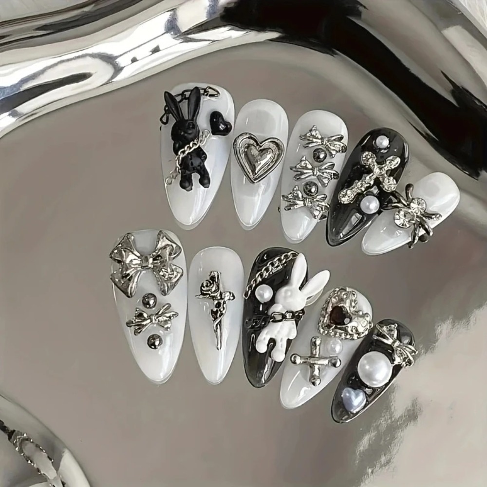 10개입 맞춤형 흑백 네일 아트, 토끼와 리본 장식 - - Nail Art Gothic 리뷰 및 가격