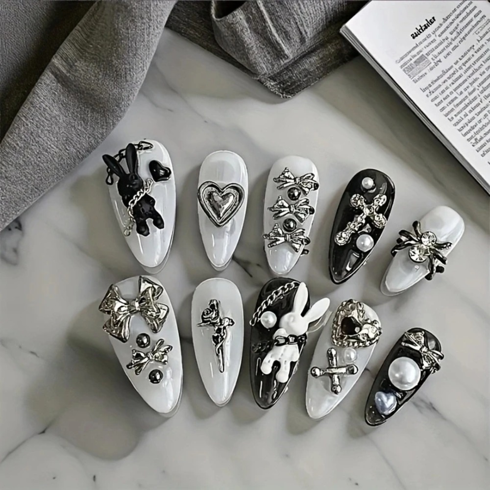 10개입 맞춤형 흑백 네일 아트, 토끼와 리본 장식 - - Nail Art Gothic 리뷰 및 가격