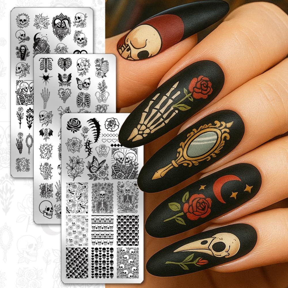 3개의 해골 네일 스탬핑 플레이트, 뼈 해골 꽃 네일  - Nail Art Gothic 리뷰 및 가격
