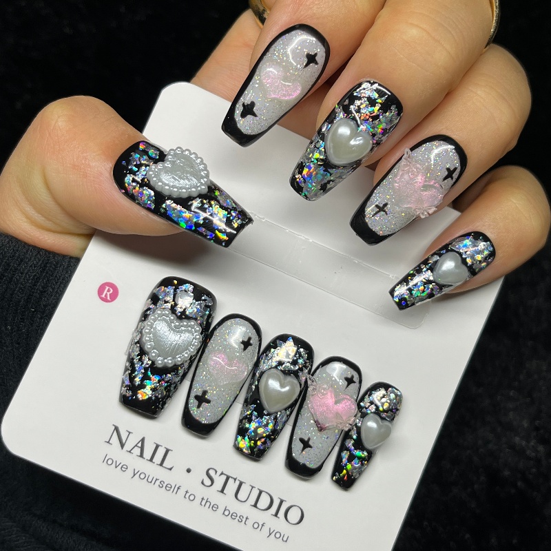 10개입 고딕 블랙 프레스온 네일 3D 하트 진주 핸드 - Nail Art Gothic 리뷰 및 가격