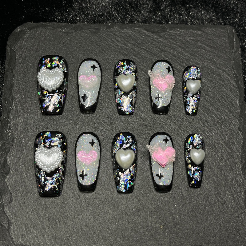 10개입 고딕 블랙 프레스온 네일 3D 하트 진주 핸드 - Nail Art Gothic 리뷰 및 가격