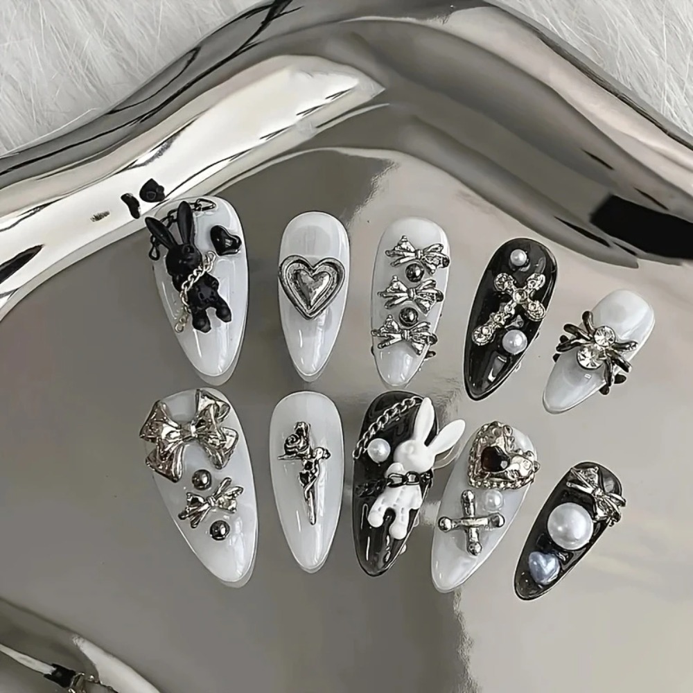 새로운 10개입 맞춤형 흑백 네일 아트, 토끼와 리본  - Nail Art Gothic 리뷰 및 가격