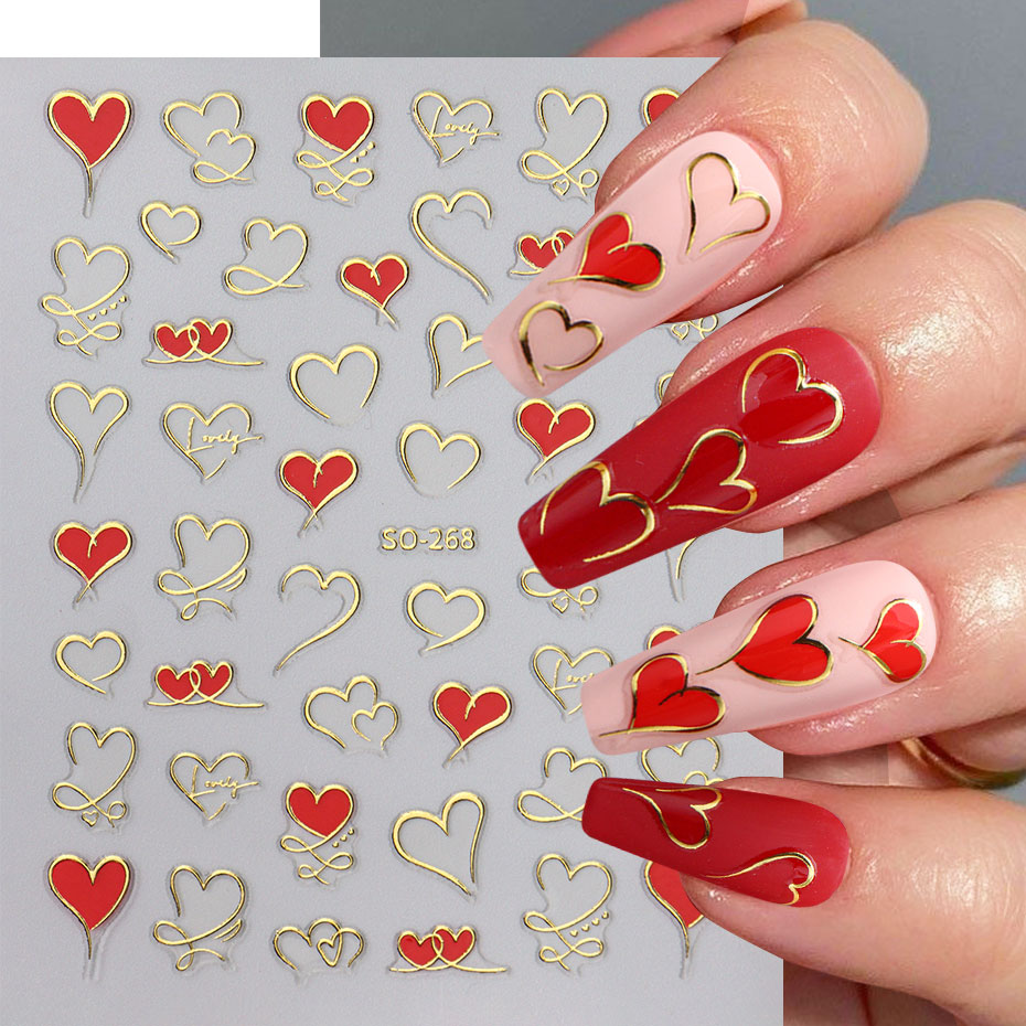 3pcs Y2K 골드 웨이브 라인 하트 데칼 3D 레드 - Nail Art Valentines Day 리뷰 및 가격