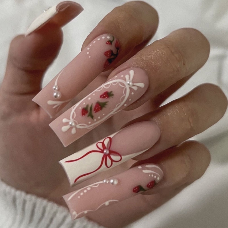 24개 꽃무늬 프레스온 네일 아트 라인 프렌치 팁 롱  - Nail Art Quirky 리뷰 및 가격